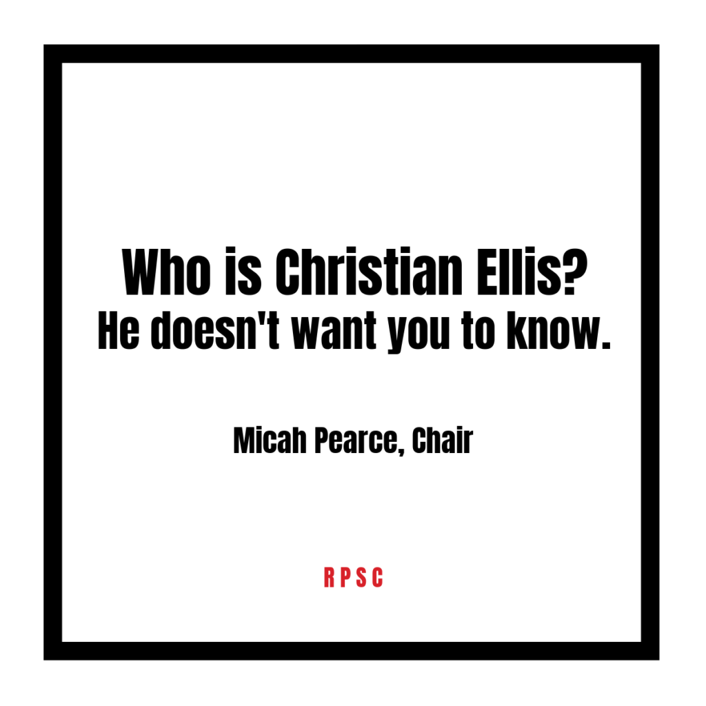 “Who is Christian Ellis? He doesn’t want you to know.” Article graphic credited to Micah Pearce, Chair, Republican Party of Sheboygan County.