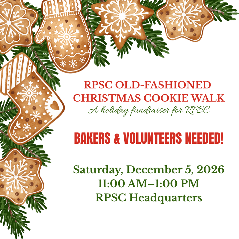 Bake or volunteer for the RPSC Old-Fashioned Christmas Cookie Walk, with Christmas cookies and evergreen decorations.