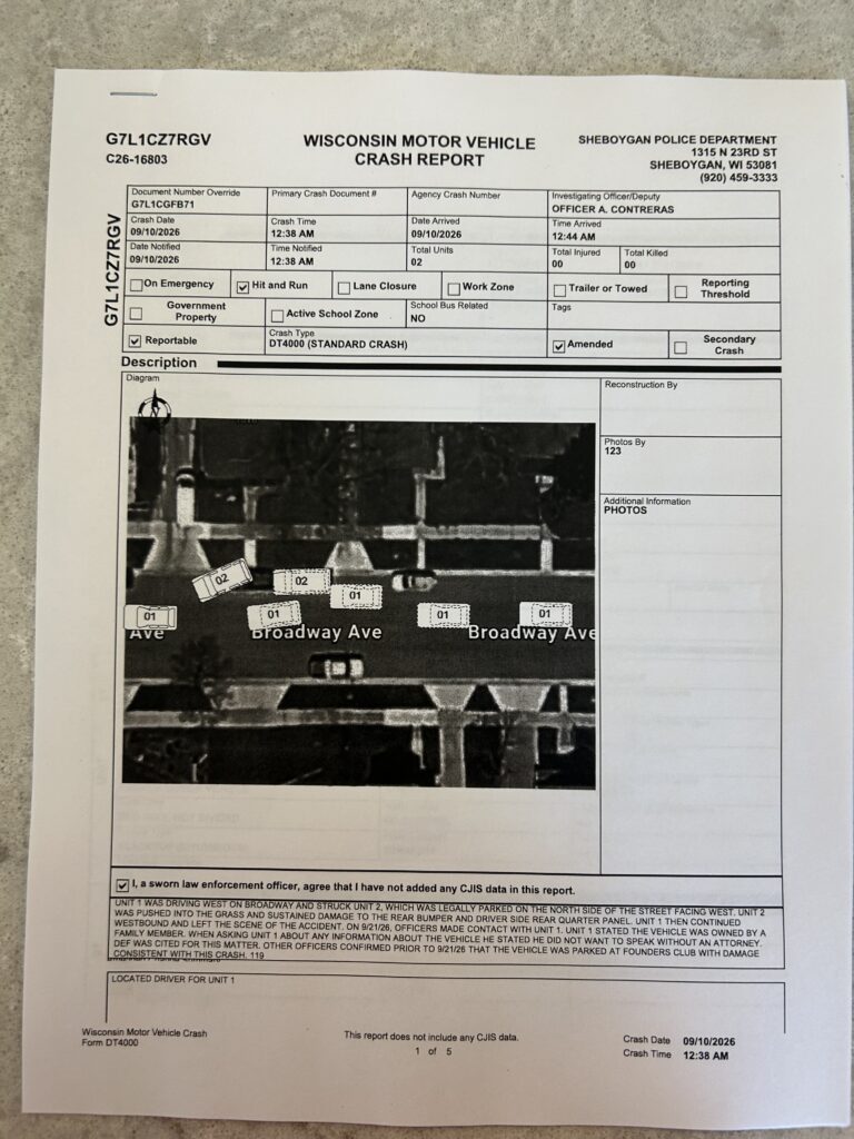 Page 1 of 5 of a redacted Wisconsin Motor Vehicle Crash Report concerning the September 10 Sheboygan hit-and-run.