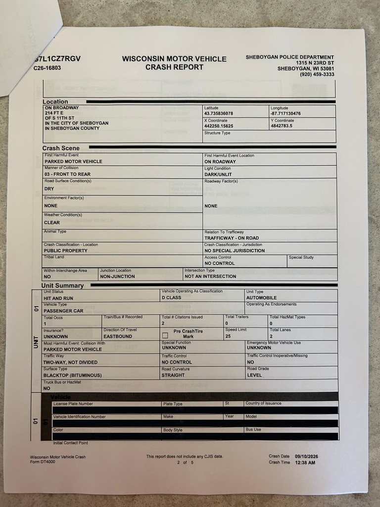 Page 2 of 5 of a redacted Wisconsin Motor Vehicle Crash Report concerning the September 10 Sheboygan hit-and-run.