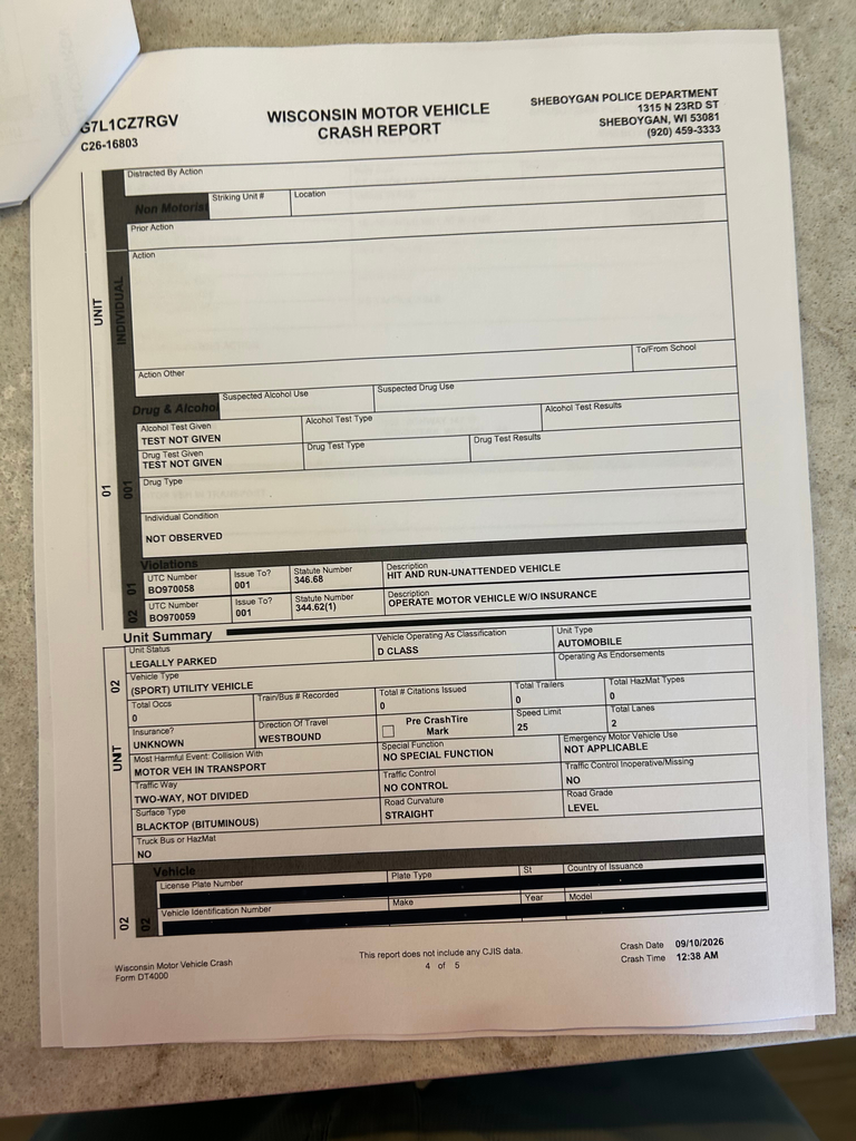 Page 4 of 5 of a redacted Wisconsin Motor Vehicle Crash Report concerning the September 10 Sheboygan hit-and-run.