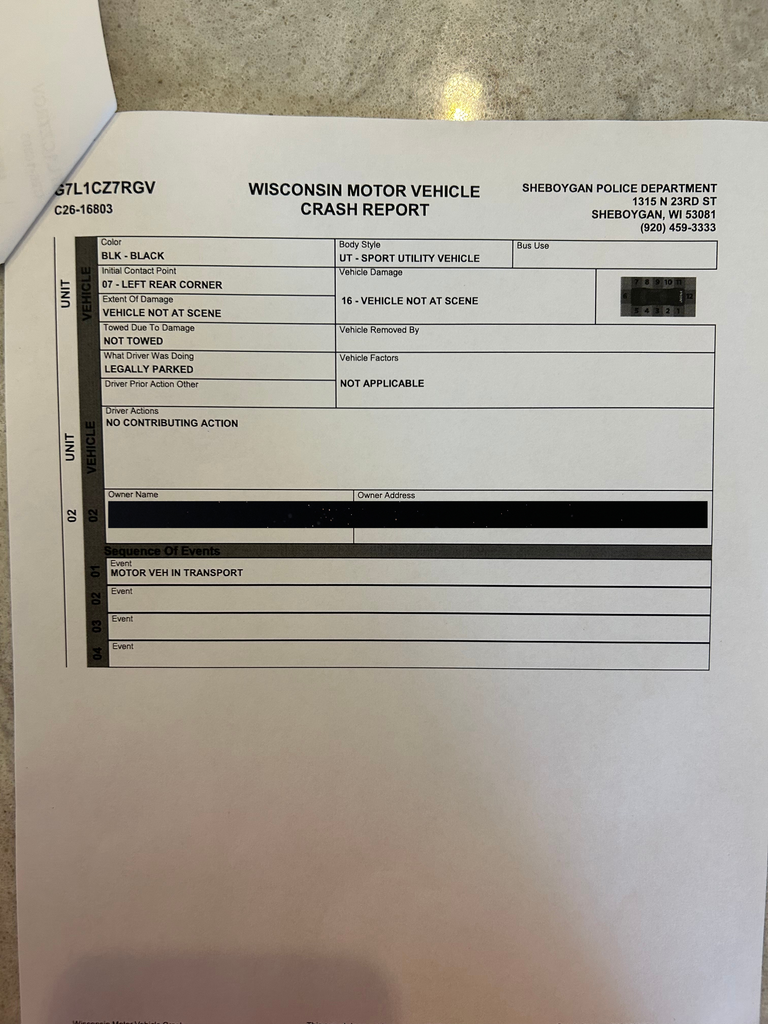 Page 5 of 5 of a redacted Wisconsin Motor Vehicle Crash Report concerning the September 10 Sheboygan hit-and-run.