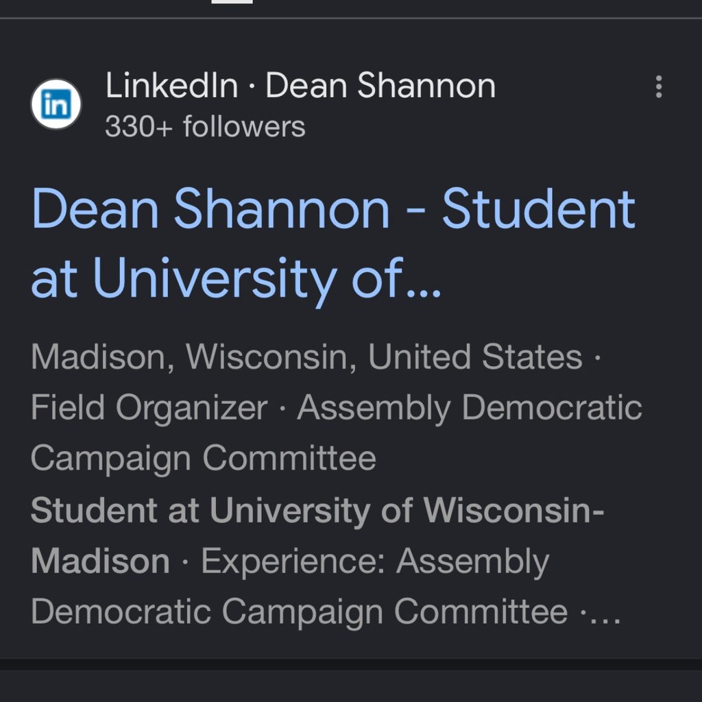 Google search results for Dean Shannon showing a LinkedIn result identifying him as a field organizer for the Assembly Democratic Campaign Committee.